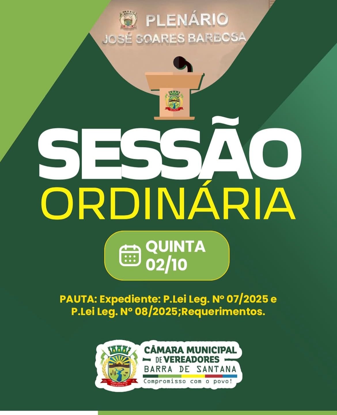 Sessão Ordinária nesta quinta- feira (02/10) Sessão Ordinária nesta quinta- feira (02/10)